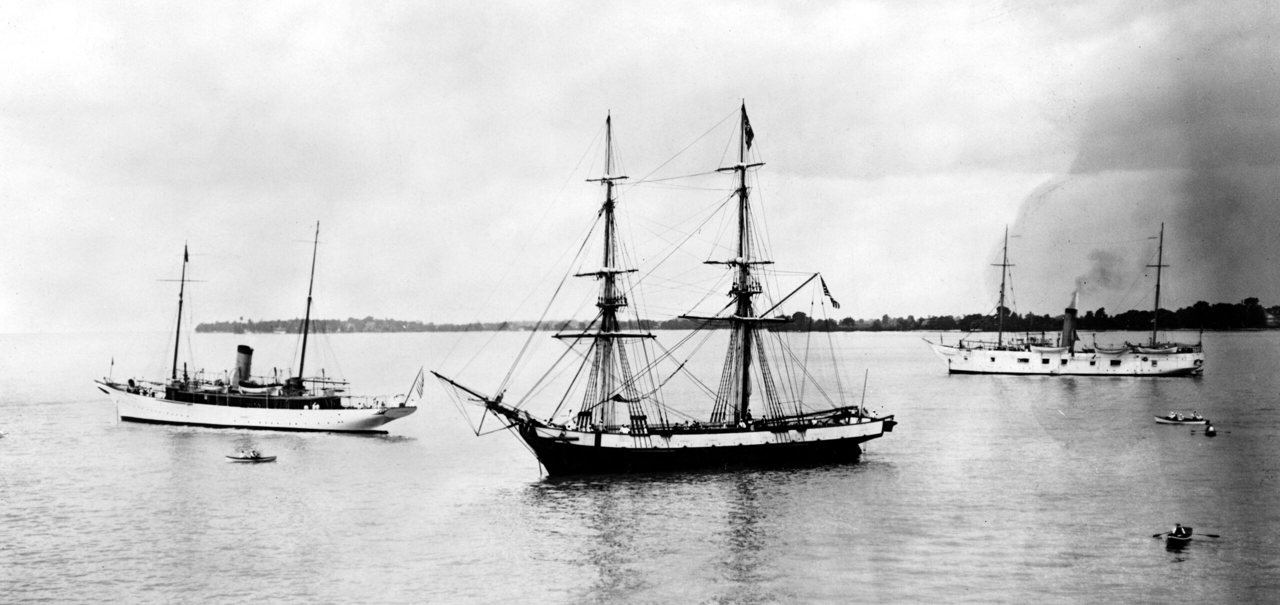 Photo of the USS Dorthea (Left), Flagship USS Niagara (Center), and the USS Essex (Right).